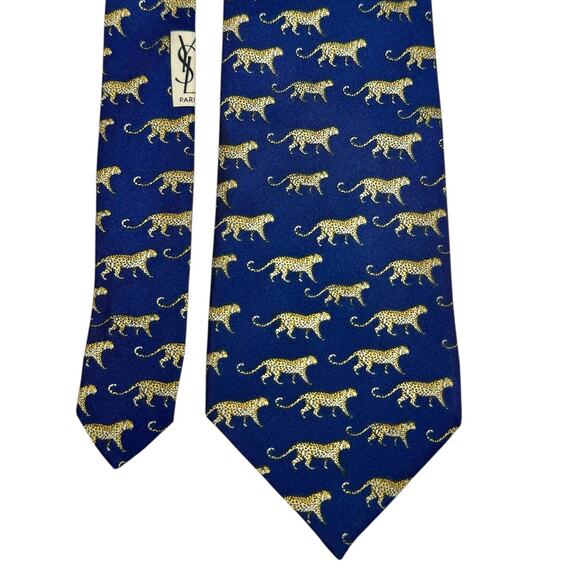 VTG Yves Saint Laurent YSL Paris All Over Leopard Silk Deep Cobalt Blue Tie '80s